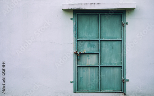 Old green metal door on old wall
