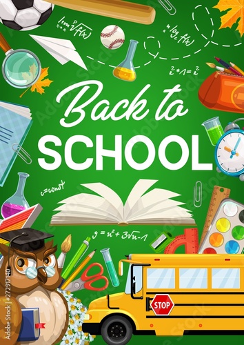 Back to School, owl, school bus, study supplies