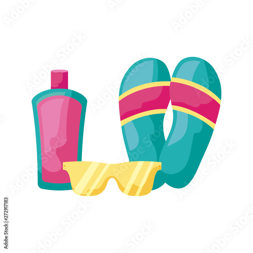 flip flops with sunglasses and bottle of blocker
