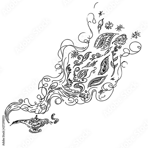 Vector sketch magic genies lamp. Set of floral elements. Magic oil lamp line and solid icon, outline and filled vector sign. Hand drawn illustration