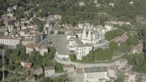 Sintra Pena and National palace in Portugal, 4k aerial drone sunset ungraded