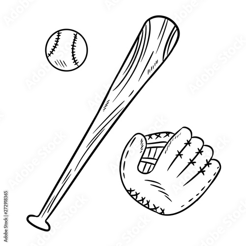 Baseball, baseball bat and catchig glove doodles. Hand drawn sketch image set