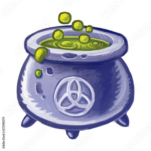 Magic cauldron of boiling green liquid. Wicca. Witch potion. Magical brew potion for Halloween.