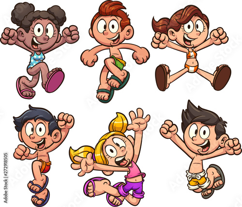 Summer kids in bathing suits clip art. Vector illustration with simple gradients. Each on a separate layer. 