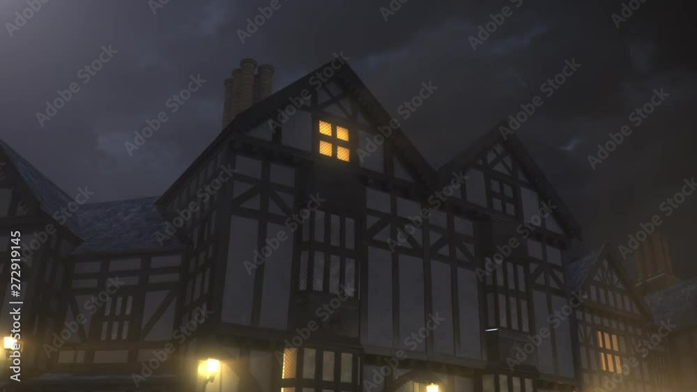 A silhouette walks behind the window in a medieval building A silhouette walks behind the window in a medieval building