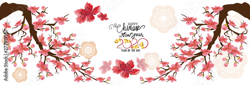 Set Banner Happy new year 2020 greeting card and chinese new year of the rat, Cherry blossom background