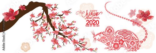 Set Banner Happy new year 2020 greeting card and chinese new year of the rat, Cherry blossom background