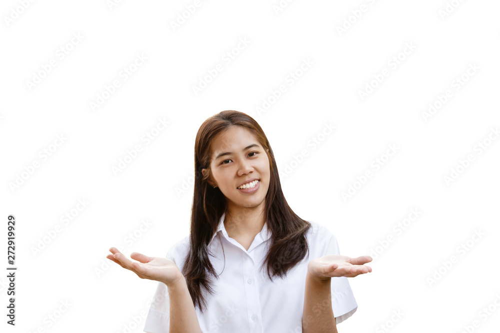 Smiling woman in university uniform with open hands in clipping path. Smiling woman in university uniform with open hands in clipping path.