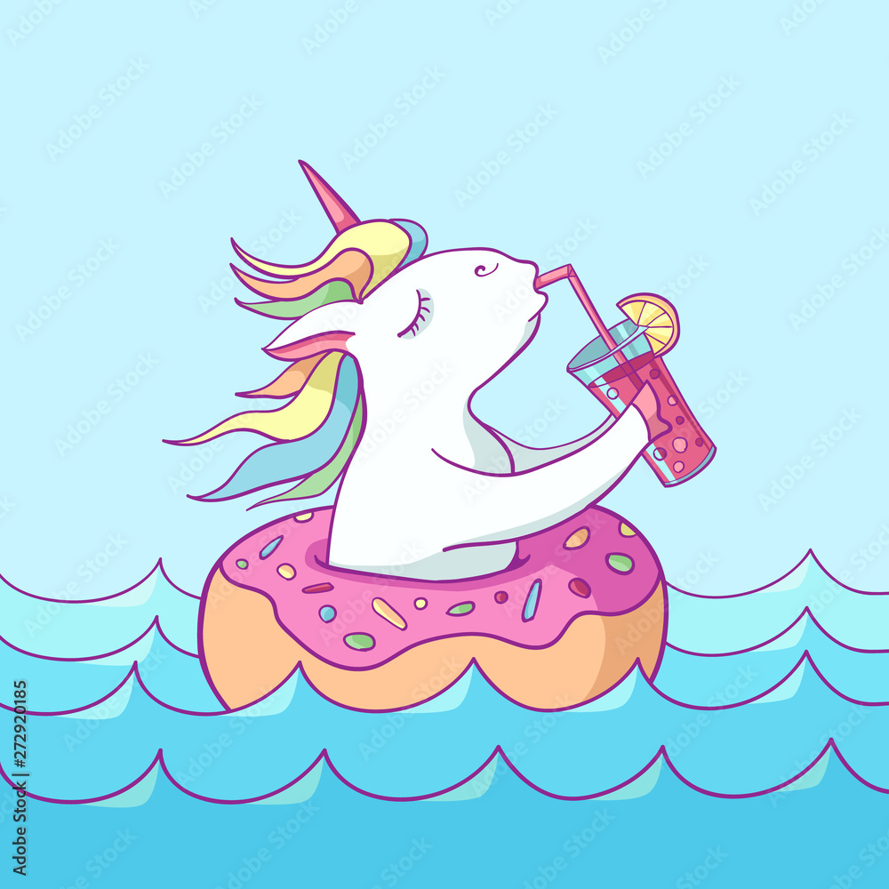 Cute unicorn on donut swimming ring. Summer time. Magic unicorn drinking a cocktail, swims in the sea . Cartoon flat style illustration. Template for printing, sticker, texture, wallpaper, postcard Cute unicorn on donut swimming ring. Summer time. Magic unicorn drinking a cocktail, swims in the sea . Cartoon flat style illustration. Template for printing, sticker, texture, wallpaper, postcard