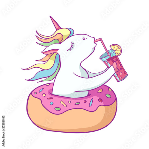 Cute unicorn on donut swimming ring. Summer time. Magic unicorn drinking a cocktail . Cartoon flat style illustration. Template for printing, sticker, texture, wallpaper, postcard