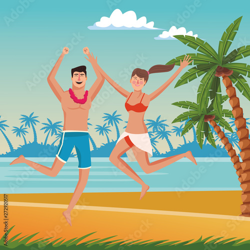 Happy couple in summer cartoons