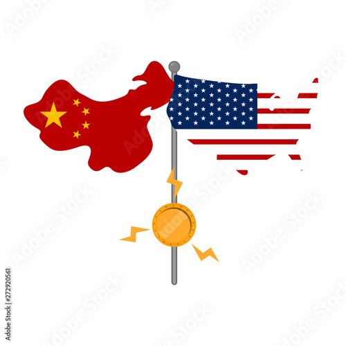 Flags of United States and China in maps shape with a coin. Trade war concept - Vector