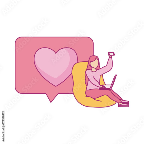 woman seated taking selfie with smartphone and speech bubble