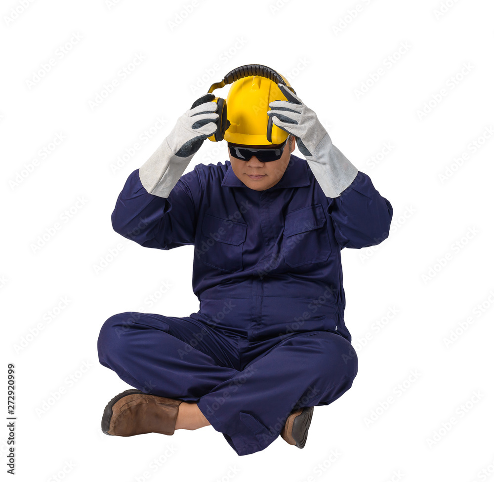 worker in Mechanic Jumpsuit is Sitting isolated on white background worker in Mechanic Jumpsuit is Sitting isolated on white background
