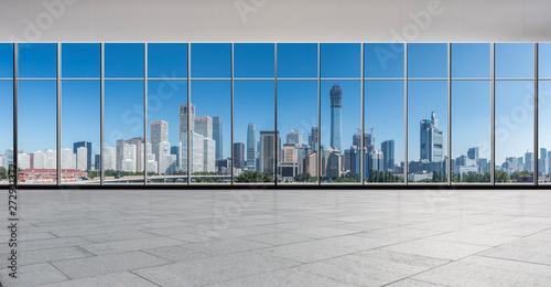 Panoramic skyline and buildings from glass window