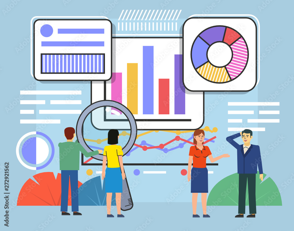Business graph, diagrams analytics. People stand near various charts. Poster for social media, web page, banner, presentation. Flat design vector illustration