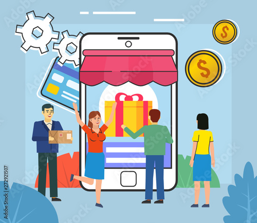 Online shopping, credit card, coins. People stand near big smartphone. Poster for web page, banner, social media, presentation. Flat design vector illustration