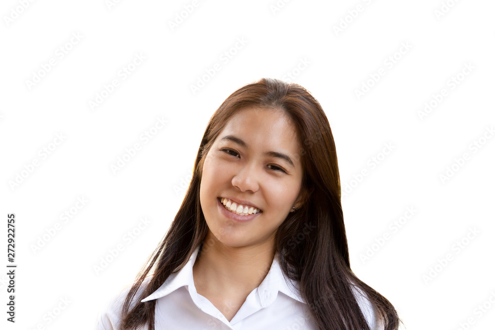 Teenage woman with perfect smile looking at camera isolated. Teenage woman with perfect smile looking at camera isolated.