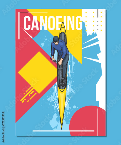 Vector illustration of a man rowing on canoe, kayak. Beautiful canoeing, kayaking poster. Water, sea or river sports