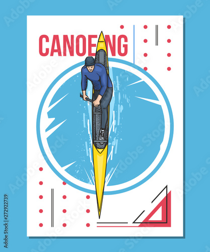 Vector illustration of a man rowing on canoe, kayak. Beautiful canoeing, kayaking poster. Water, sea or river sports