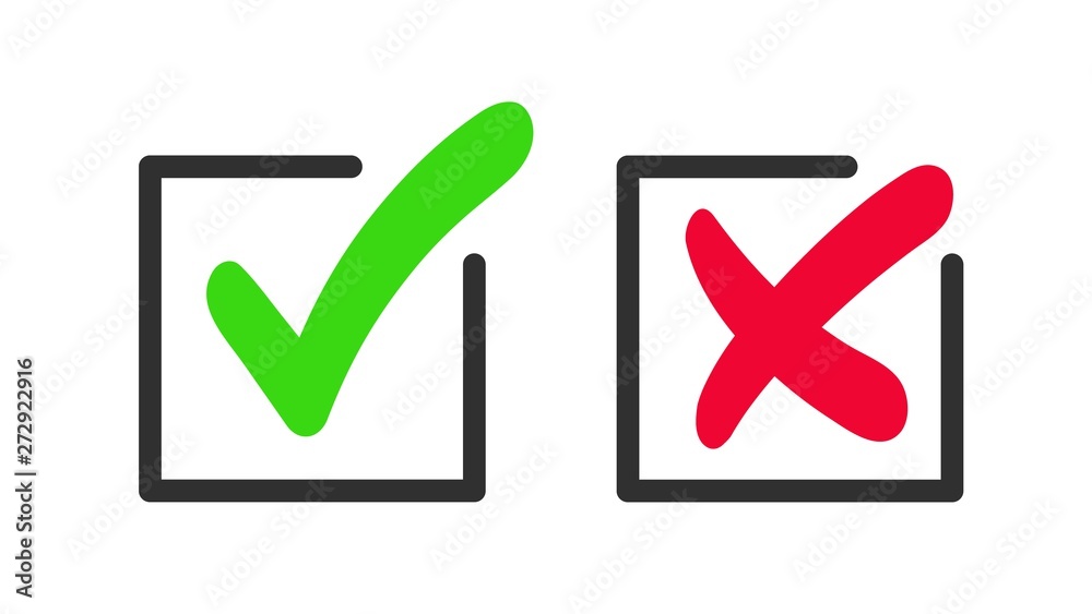 Green checkmark and red cross icon. Vector symbol of approved and reject. Green checkmark and red cross icon. Vector symbol of approved and reject.
