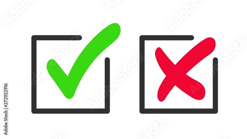Green checkmark and red cross icon. Vector symbol of approved and reject.