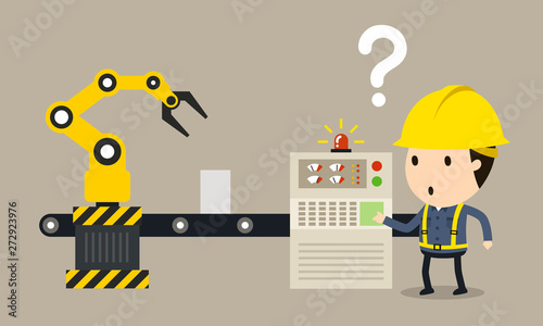 Robot control, Vector illustration, Safety and accident, Industrial safety cartoon