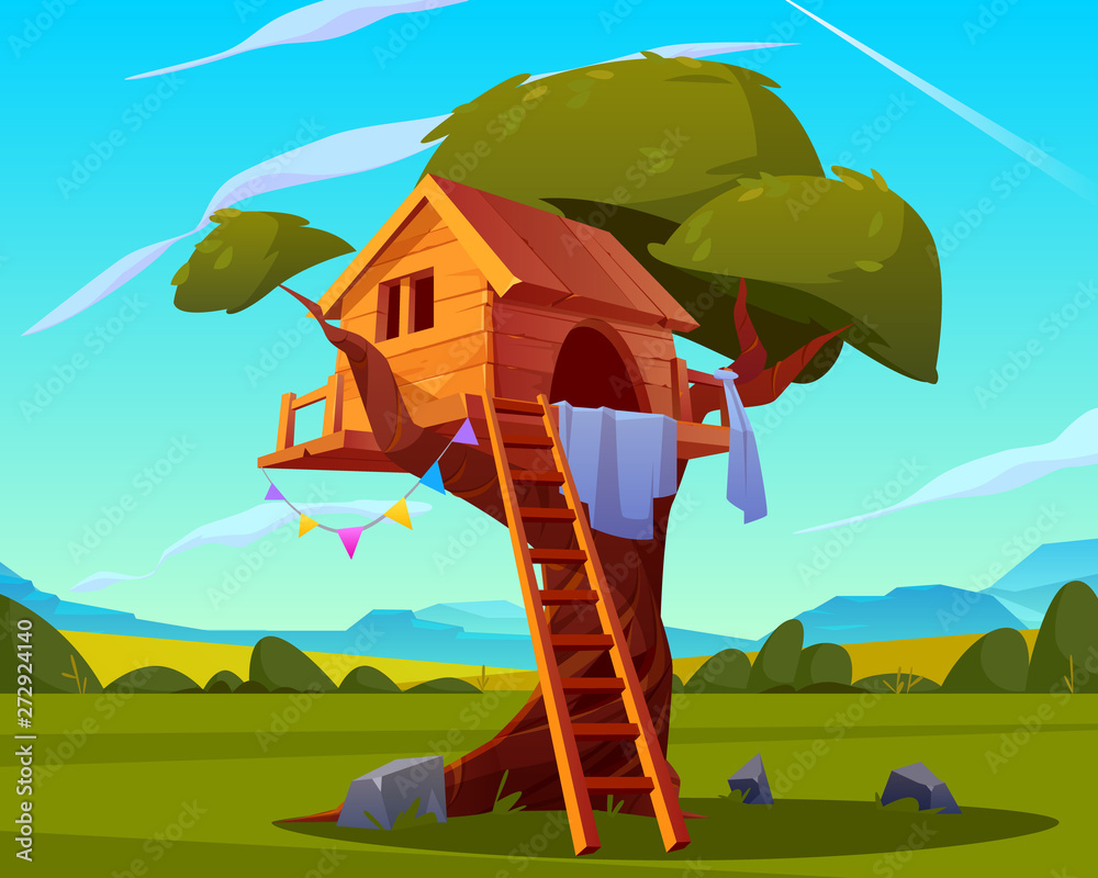 House on tree, empty children playground, creative handmade treehouse with  wooden ladder for kids games in backyard garden on beautiful summer  landscape background, camp. Cartoon vector illustration Векторный объект  Stock | Adobe