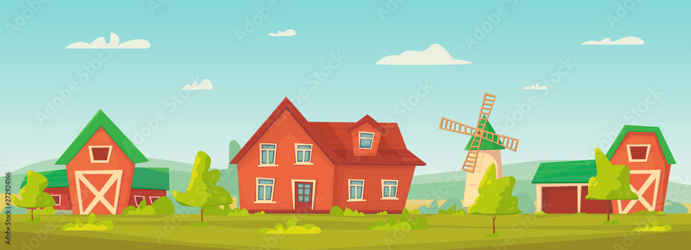 Agriculture. Farm rural landscape with red barn, house and ranch, water tower and haystack.