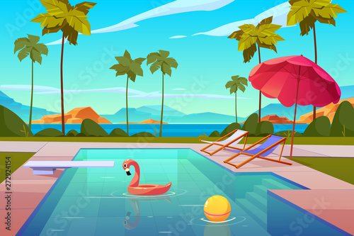 Swimming pool in hotel or resort outdoors, empty poolside with chaise lounges, umbrella, inflatable flamingo and ball in water, exotic beach landscape seaview background. Cartoon vector illustration