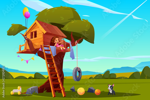 Child on tree house, little girl with dog playing on children playground, treehouse with wooden ladder and tire swing, place for kids games on summer landscape background, Cartoon vector illustration