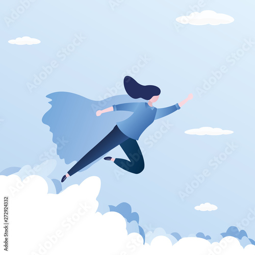 Businesswoman looking like Super hero flying to success in sky,background with clouds