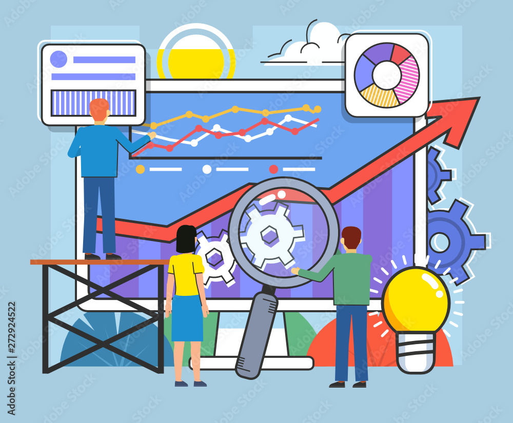 Business growth, analytics, statistcs. People stand near big screen with various charts. Poster for social media, web page, banner, presentation. Flat design vector illustration