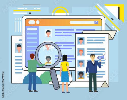 Recruitment department, search for new employees. People stand near big screen, recruitment website. Poster for web page, social media, banner, presentation. Flat design vector illustration © paper_owl