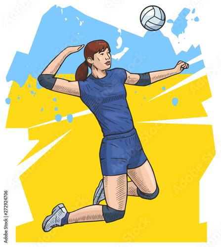 Vector illustration of a female volleyball player jumping. Bright and colorful sport themed poster. Female volleyball team