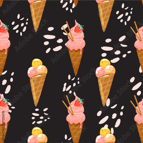 Seamless summer pattern with various ice cream and abstract elements. Creative contemporary collage. Texture for textile, postcard, wrapping paper, packaging etc. Vector on black background.