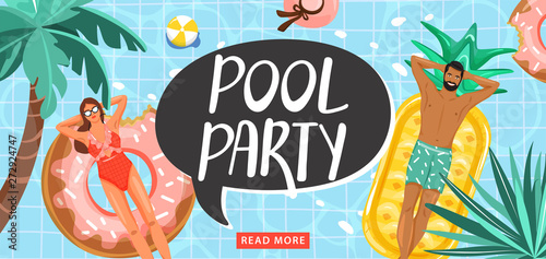 Pool party invitation banner. Couple floating and sunbathing on inflatable rings in swimming pool. Creative lettering and summer elements. Summer rest and vacation. Vector illustration.