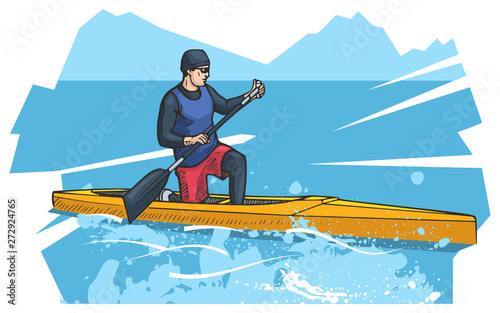 Vector illustration of a man rowing on canoe. Beautiful canoeing, kayaking poster. Water, sea or river sports