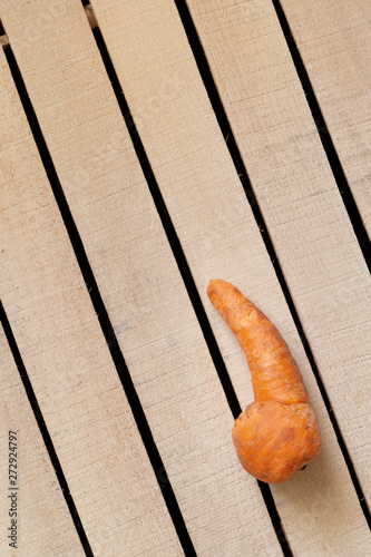 Ugly carrot on wooden box background. Organic food, unusual deformed fruits and vegetables, misshapen produce, zero waste concept. Top view, copy space, vertical.
