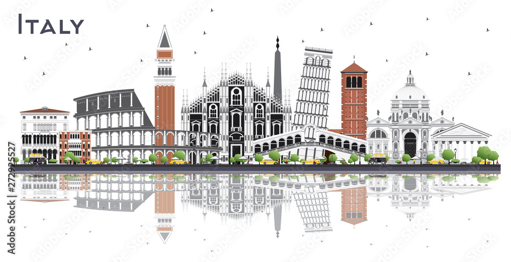 Italy City Skyline with Gray Buildings and Reflections Isolated on White.