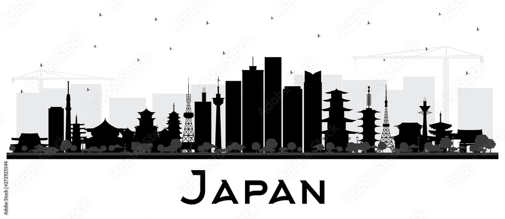 Japan City Skyline Silhouette with Black Buildings Isolated on White.