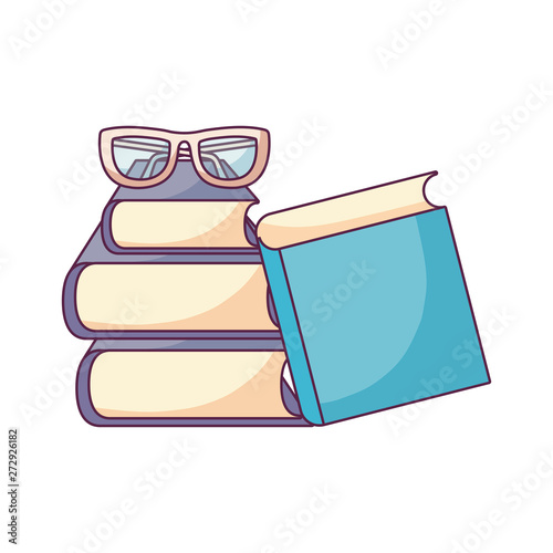 pile of textbooks with eyeglasses