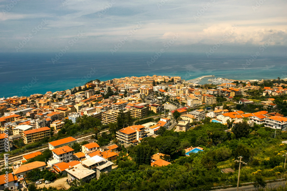 Panoramic aerial view of Tropea and the Tyrrhenian Sea coast. Calabria, Italy. May 2012