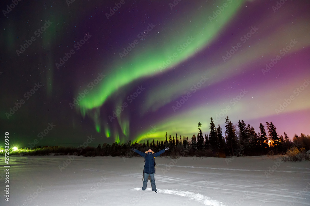 Guy Traveler on background of northern lights in behind are dark silhouettes trees