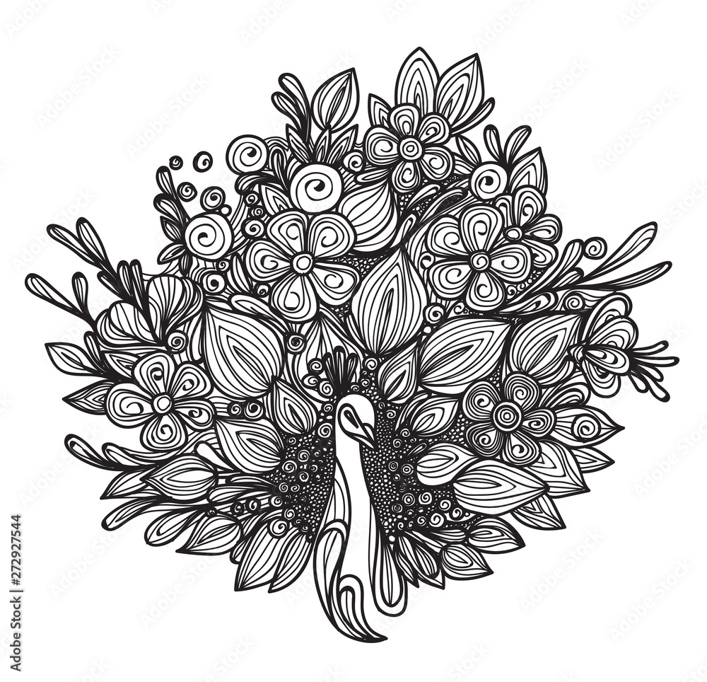 Tattoo art peacock's tail is a flower hand drawing isolated on white  background. Stock Vector | Adobe Stock