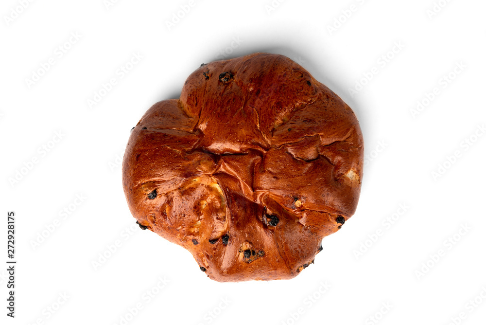 Bun with raisins isolated on white background. Bun with raisins isolated on white background.