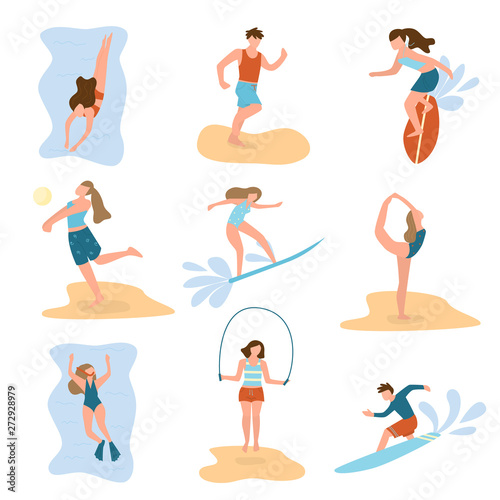 Set of people character, practic different beach summer sport