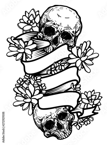 hand drawing skull and flowers sketch with line art illustration isolated on white background.