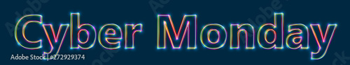 Cyber Monday - Colorful multi-layered outline text with glowing light effect on blue background.