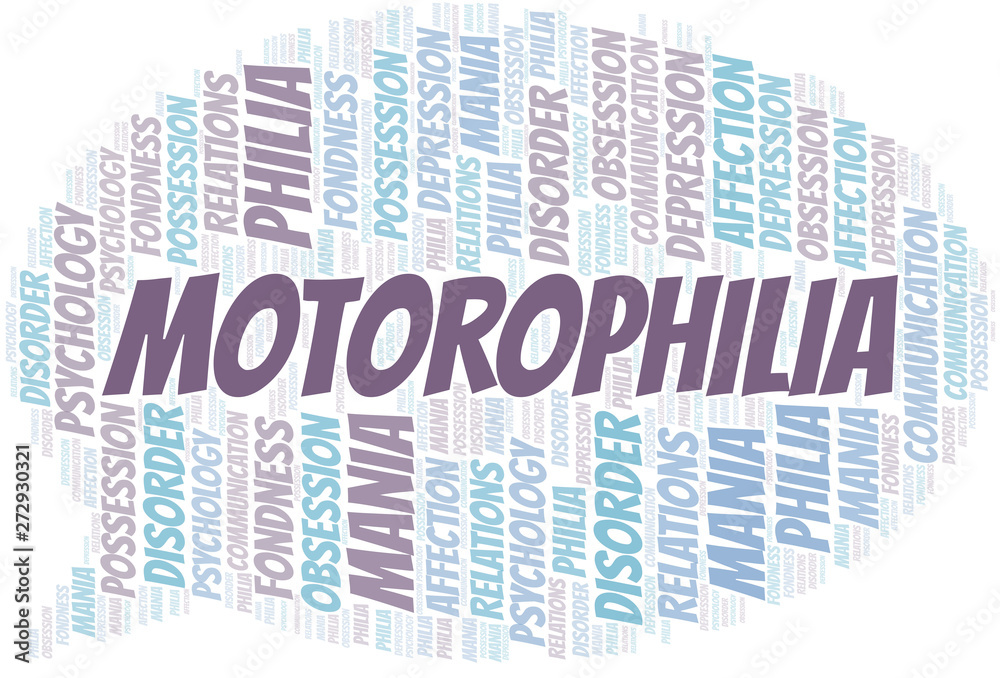 Obraz premium Motorophilia word cloud. Type of Philia.